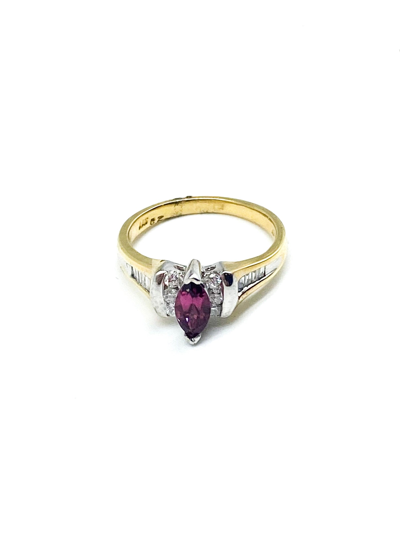 .50 Point Pink Sapphire Marquise Cut and .48 Point Round Brilliant Baguette Cut Diamond Ring