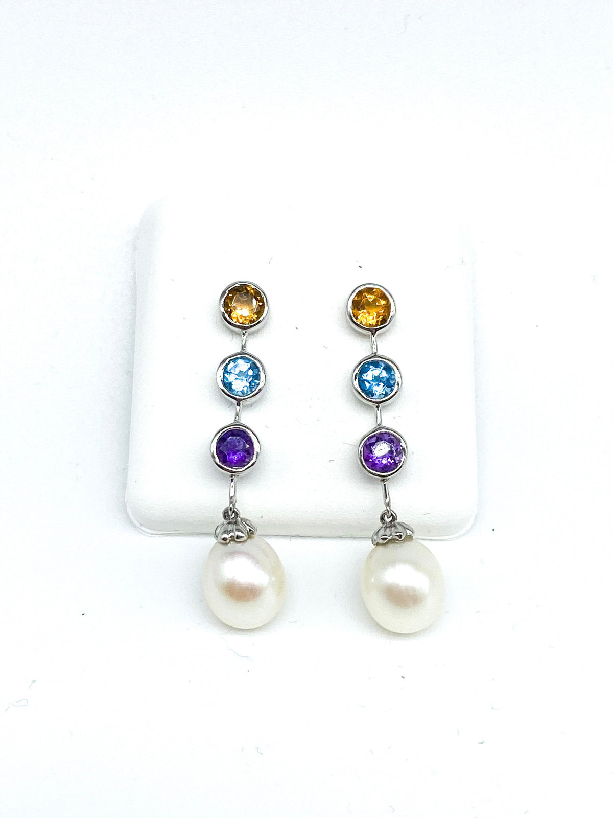 Yellow Topaz,Blue Topaz,Amythest Pearl Diamond Earrings