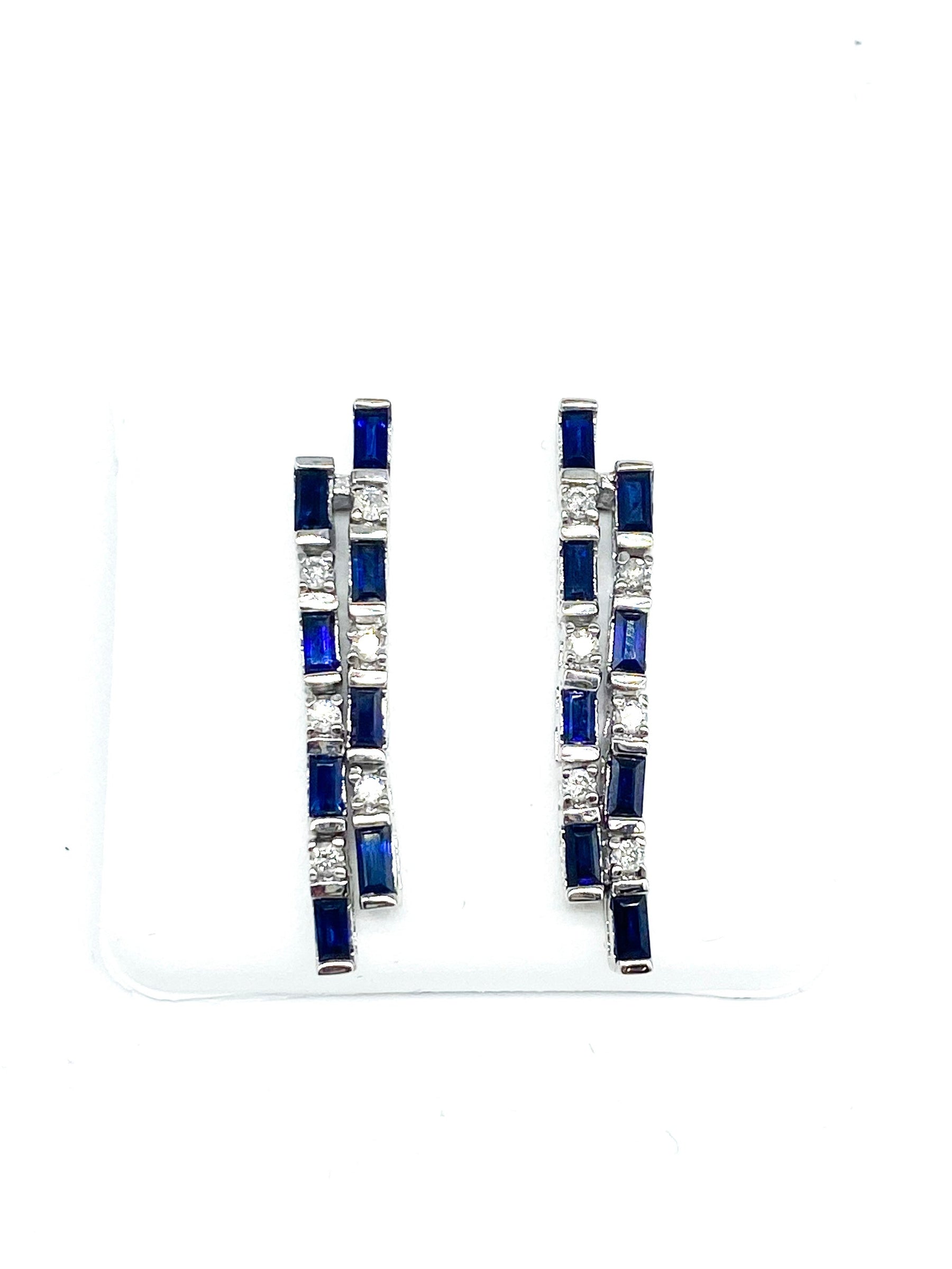 .20 Point Blue Sapphire Emerald Cut and Round Brilliant Cut Diamond Earrings