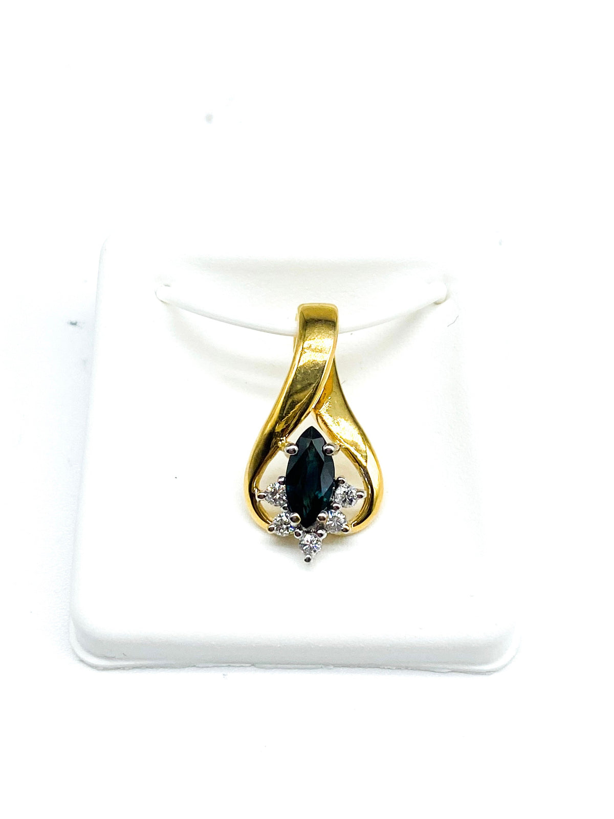 Genuine Blue Sapphire Marquise Cut and Round Brilliant Diamond Pendant
